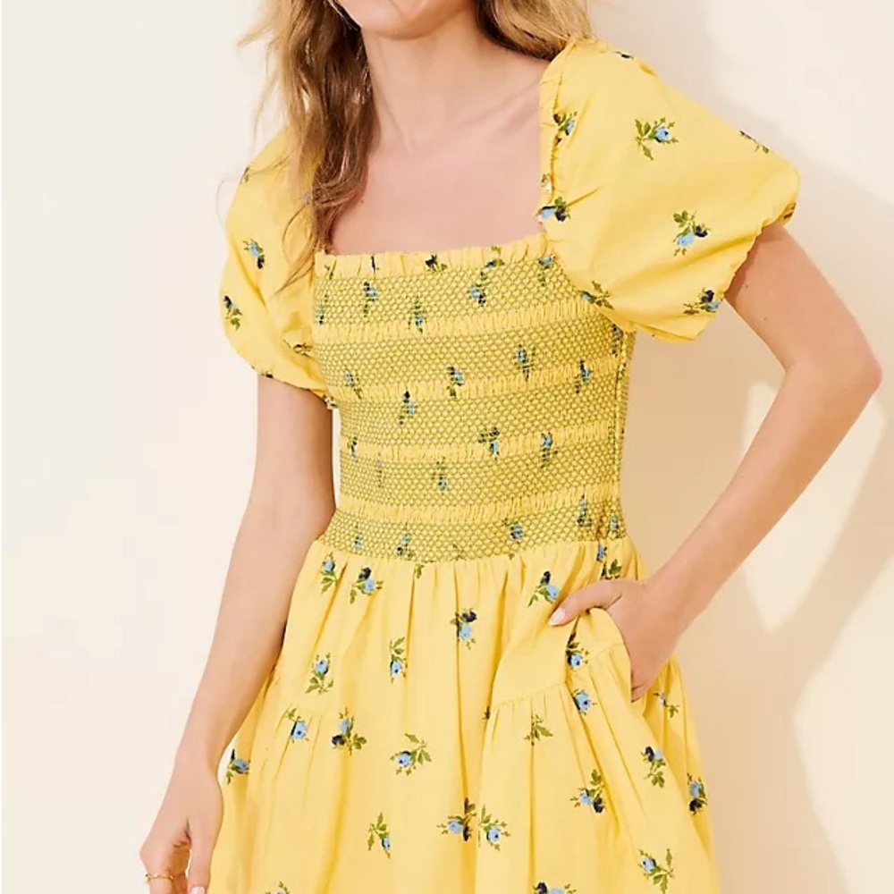 Anthropologie Yellow Floral Smocked Midi with Puff Sleeves